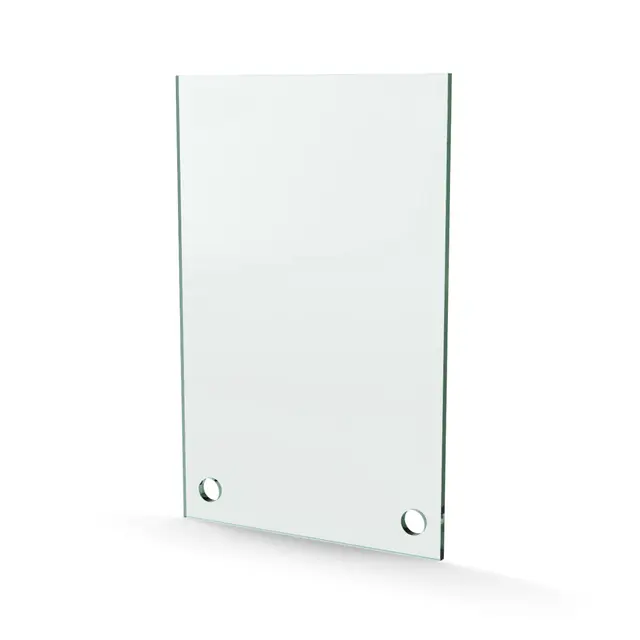 Herdet glass med hull, 4mm, flat 130x200, 2hull, 15/15, 11mm hull 