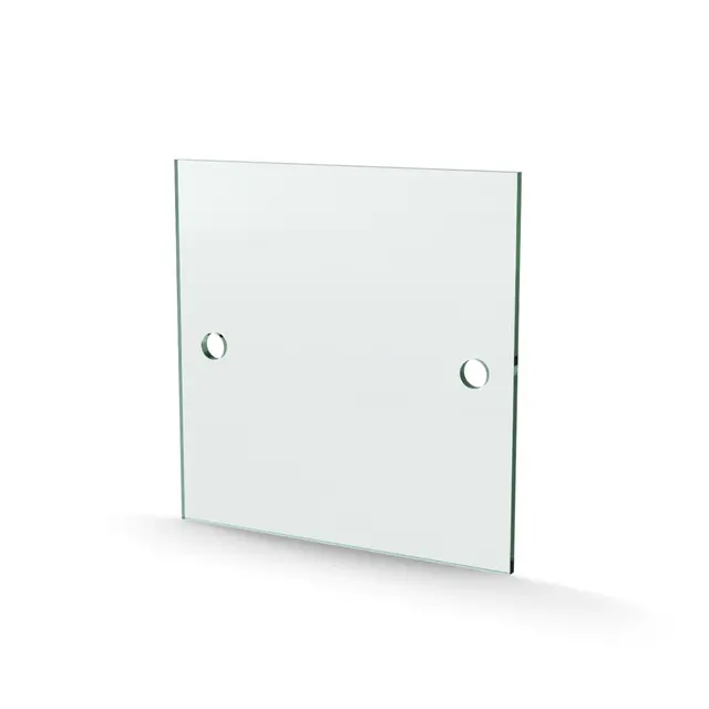 Herdet glass med hull, 4mm, flat 150x150, 2hull, 15/75, 11mm hull 