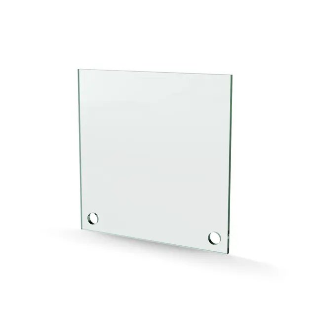 Herdet glass med hull, 4mm, flat 150x150, 2hull, 15/15, 11mm hull 