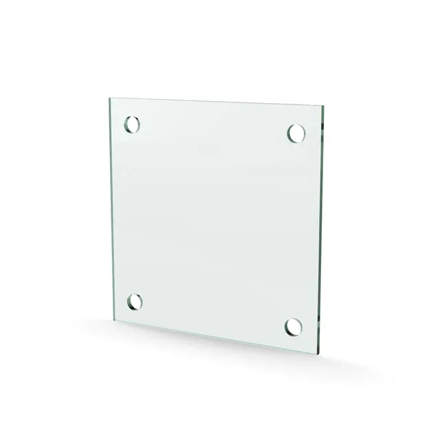 Herdet glass med hull, 4mm, flat 150x150, 4hull, 15/15, 11mm hull 